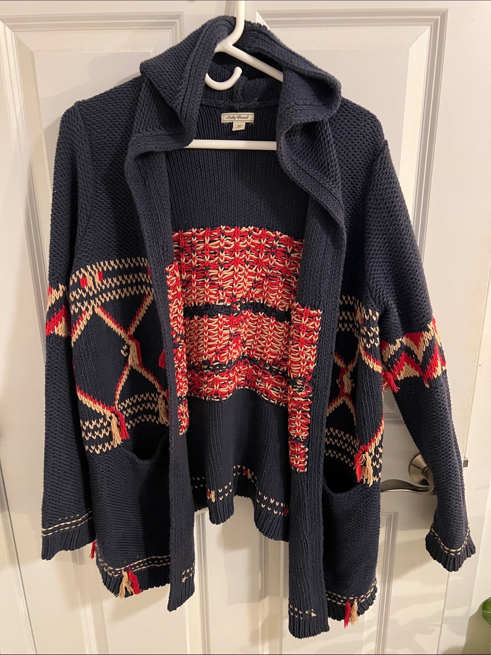 Lucky Brand Navy Hooded Cardigan with Red and Cream Geometric Accents